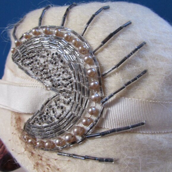 Mid Century Cloche in Cream Felt with Silver Tone Beading main image 9